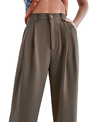 Sweatyrocks Women's Casual High Waist Fold Pleated Straight Leg Trousers Work Pants With Pocket Mocha Brown L #TOP4