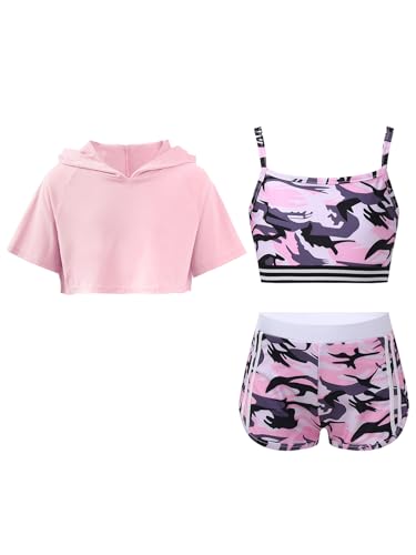TiaoBug 3Piece Gymnastics Outfit for Kids Girls Dance Crop Hoodie Sport Bra Training Tank And Camouflage Shorts Boyshorts Set