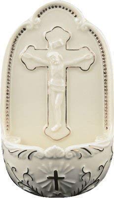Florentine Porcelain white crucifix small Holy water font 5" collection Catholic gift