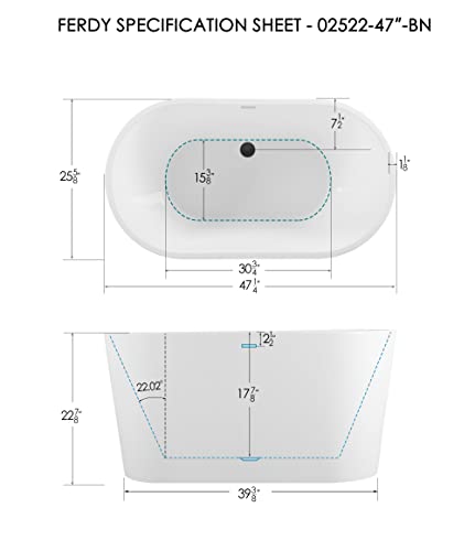 Ferdy Shangri-La 47" Acrylic Freestanding Bathtub, Small Classic Oval Shape Acrylic Soaking Bathtub With Matte Black Drain & Minimalist Linear Design Overflow, Modern White, Cupc Certified #TOP4