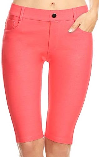 Women's Cotton 5 Pocket Bermuda Shorts No Muffin Top Pull On Knee Length Jeggings Stretchy Jean Leggings