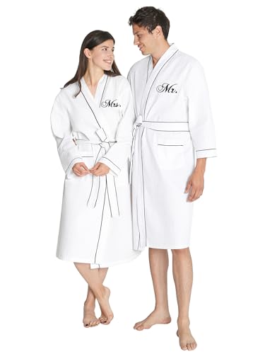 AW BRIDAL Wedding Gifts for Couple Newlyweds Anniversary Mr and Mrs Waffle Knit Robe Sets for Enagagement Bridal Shower Monogrammed White Matching Robes for Couples Bride and Groom Wifey and Hubby