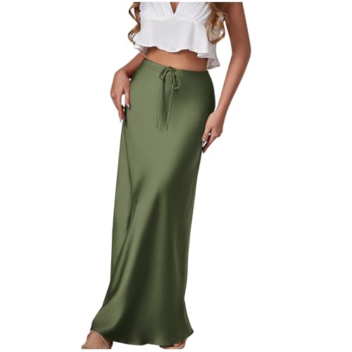 Women's Satin Maxi Skirt High Waist A Line Elegant Flowy Mermaid Hem Drawstring Wedding Party Club Fall Long Skirts