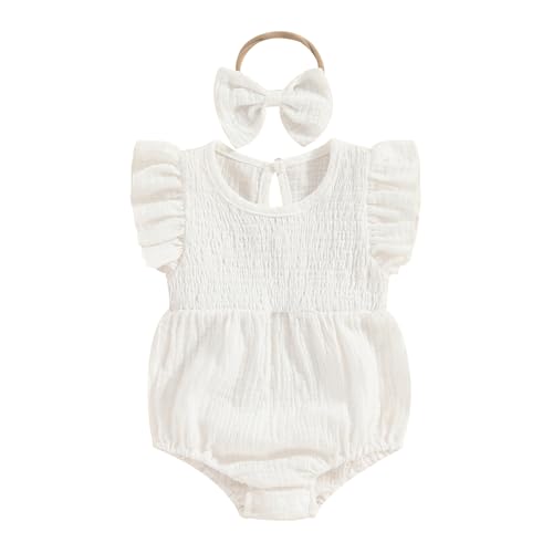 Newborn Baby Girl Clothes Ruffle Sleeve Solid Smocked Bubble Romper Jumpsuit Bow Headband Cute Summer Clothes (White 0-3 Months)