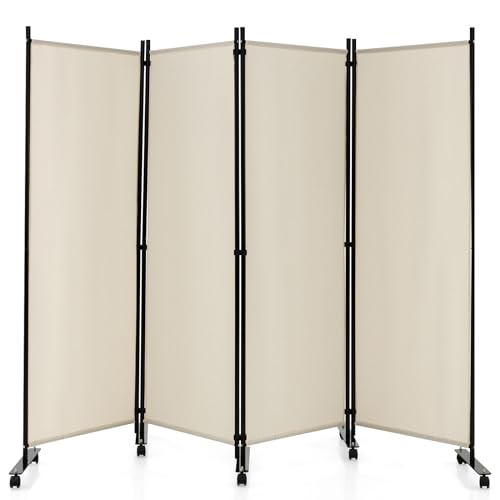 LIFEZEAL Biombo Plegable de 4 Paneles para Interior y Exterior, Divisor de Pie con 10 Ruedas, Pared Tabique, Estructura Metálica, Protección de la Intimidad, Separador de Espacios (Beige)