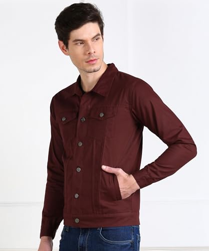 Image of MONTREZ Men Spread Collar Washed Lightweight Casual Denim Jacket (Maroon)