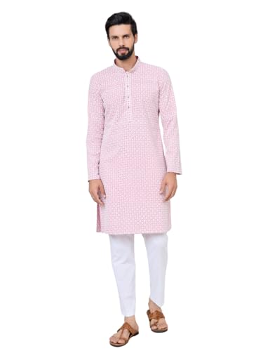 Image of See Designs Men's Full Sleeve Mandarin Collar Embroidered Thread Work Sequinned Rayon Straight Long Kurta - Festive Collection