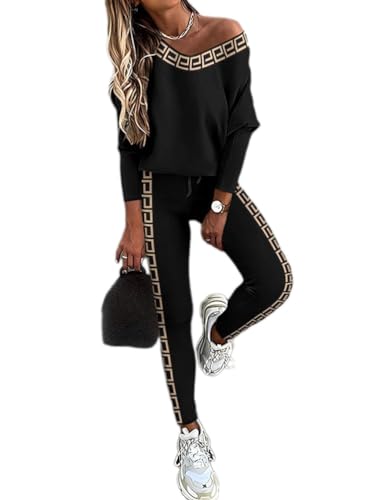 shownicer Tuta Donna Due Pezzi Sportive Outfit Casual Manica Lunga Pullover + Pantaloni Jogging Sportswear Set Autunnale Eleganti Tuta Streetewar A Nero01 XL