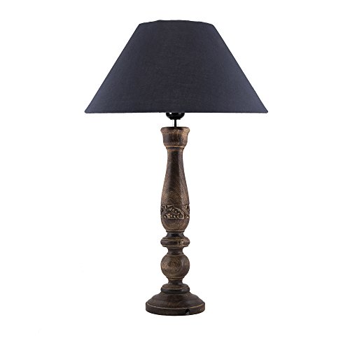 Image of Homesake Handcrafted Wooden Table Lamp for Bedroom & Living Room|Decorative Bedside Reading Lamp with Fabric Shade, E27 Holder|Bulb Included|Black Floral Carved Base for Home Decor, Black