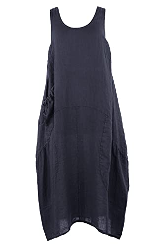 Ladies Womens Italian Lagenlook Plain Sleeveless One Side Pocket Linen Tulip Long Midi Dress One Size (Navy, one_Size)