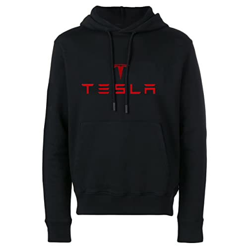 Mens Tesla Red Logo Men's Fleece Hooded sweatshirt hoodie (Black, Small)