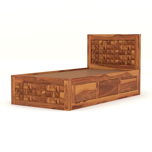 Image of Solid Sheesham Wood Single Size Bed with Box Storage for Bedroom Living Room Single Cot for Home Wooden Palang for Hotel (Honey, Size 6 * 3)