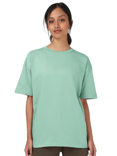 Image of Bewakoof Women's Solid Oversized Fit Half Sleeve Round Neck Cotton Jersey T-Shirt
