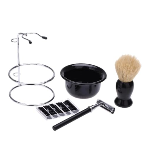 Aiweijia 4 en 1 Set de maquinilla de afeitar con 5 Cuchillas Afeitado en Húmedo Afeitadora de Barba Set de Afeitado con Brocha Soporte de Acero Inoxidable Soporte Brocha de Afeitar Regalo para Hombre