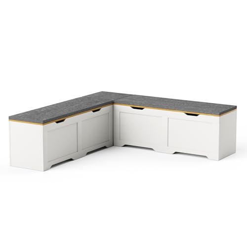 3-Piece L-Shaped Multi-Functional Storage Bench with Cushion, Serving as a Kitchen Corner Bench, Toy Storage Box, or Reading Nook seat., White and Natural, 63" D x 63" W x 19.1" H