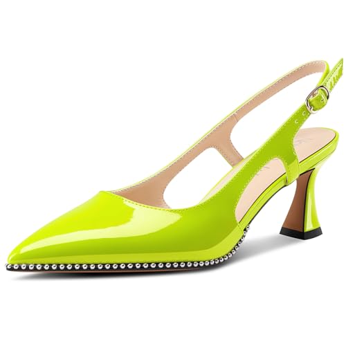 NobleOnly Femmes Fermé Pointu Bout Mi Kitten Talon Heel Slingback Escarpins Boucle Dress Décontracté Slip-on Chaussures 6.5 CM Heels Vert Jaune 44 EU