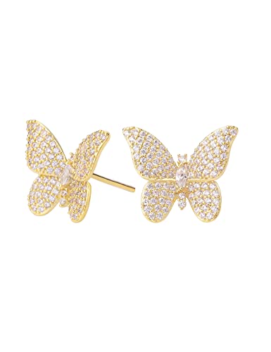 ANN BABIC CZ Butterfly Stud Earrings for Women - Cubic Zirconia Paved Butterfly Earrings - Butterfly Earrings Plated in Gold