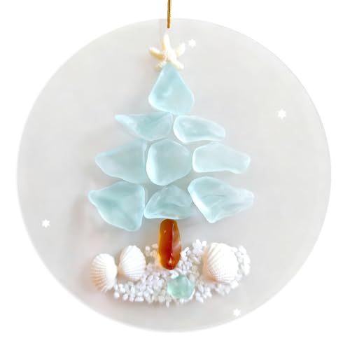 Christmas Sea Glass Pendant, Glass Christmas Tree Decor with Beach Themed Accents (Starfish, Shells, Sand), Coastal Xtmas Decor for Hanging with Rope, Xmas Tree & Living Room Decor for Sea Lovers
