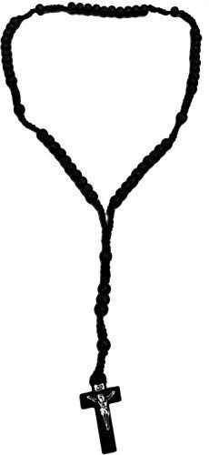 ErvioBlack Catholic Jesus Rosary with Wooden Cross and Fabric Chain Traditional Prayer Beads for Men and