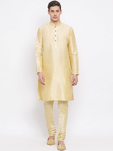 Image of VASTRAMAY Men's Beige Cotton Silk Blend Kurta, Ethnic Jacket and Pyjama Set