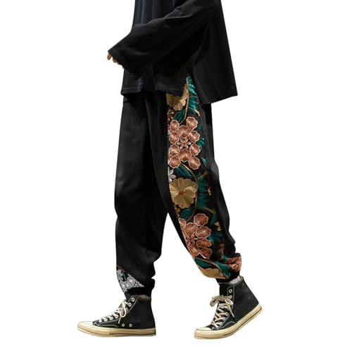 Casual Pant for Men Japanese Retro Embroidered Floral Print Drawstring Bound Foot Trousers Fashion Hip Hop Streetwear