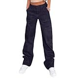 Lepunuo Women's Fashion Pants Relaxed Straight Carpenter Cargo Pants Navy Blue