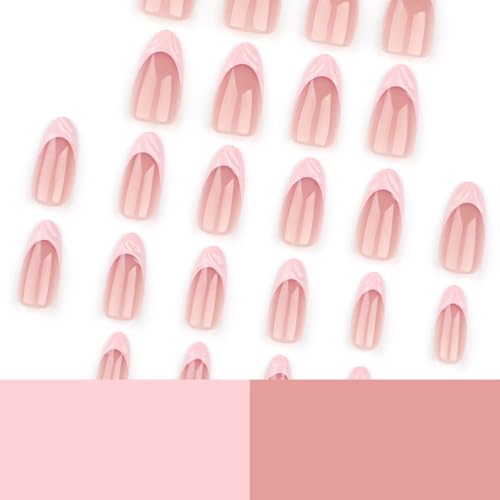 Image of Pink French Tip Press on Nails 3D Wave Fake Nails Spring Summer Glue on Nails Medium Almond False Nails with Design Reusable Artificial Acrylic Full Cover Nude Stick on Nail for Women Manicure 24Pcs