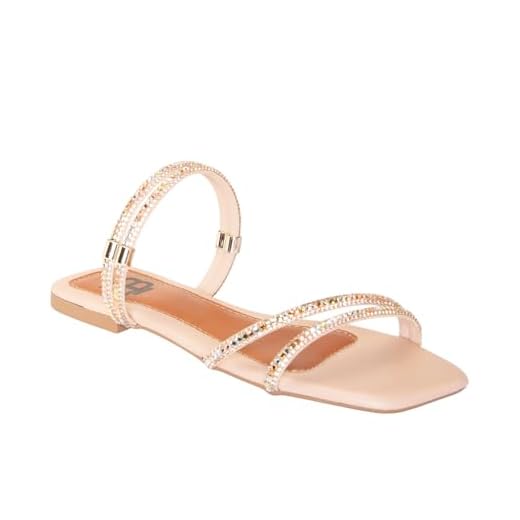 Sandália Rasteira Papete Feminina Conforto Strass Brilho-Nude-34