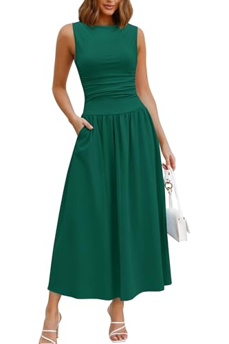 Image of Womens Summer Casual Midi Maxi Dress 2026 Sleeveless Ruched A Line Flowy Cocktail Wedding Guest Beach Long Sundress