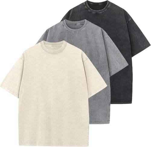 Image of Men's Oversized T-Shirts Cotton Unisex Short Sleeves Casual Loose Wash Solid Basic Tee Tops
