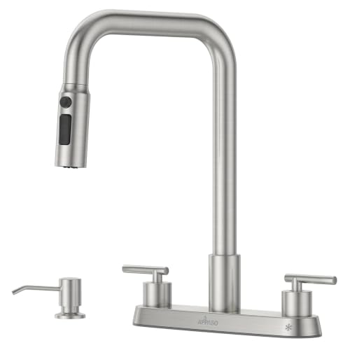 Image of APPASO 4 Hole Kitchen Faucet Brushed Nickel for 3 or 4 Hole Standard Sinks | 2 Handle Kitchen Faucets with 3-Mode Pull Down Sprayer and Soap Dispenser, Square Spout Dual Handle Faucet Stainless Steel