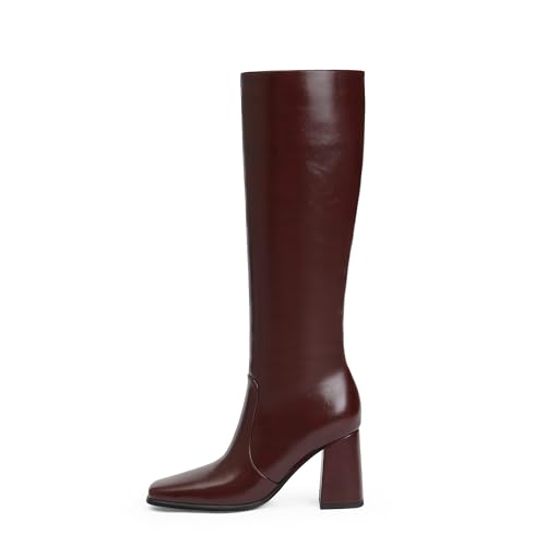 Image of Modatope Knee High Boots Women Chunky Heel Square Toe Fashion Tall Boots | Side Zipper pu Leather Tall Boots,Chunky Heel 70s Gogo Boots,Fashion Heeled Fall Winter Boots,Long Dressy Boots for Women