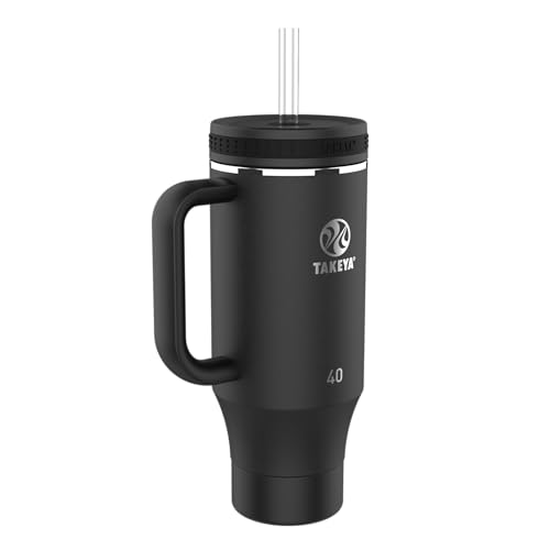 Image of Takeya Stainless Steel Tumbler with Handle and Straw (40 oz, Onyx) - Insulated Water Bottle with Straw for Water & Iced Beverages