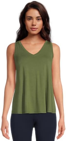 Time and Tru Women's High Low V-Neck Tank Top (as1, Alpha, m, Regular, Regular, Green Chili)