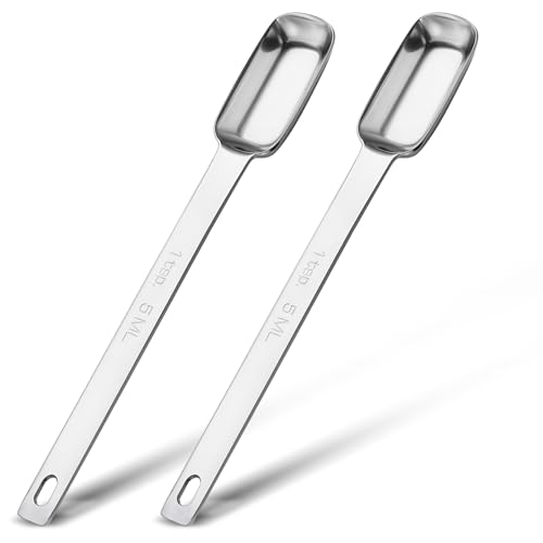 JIEYAO 2 Stück Edelstahl Messlöffel, 5 ML Teelöffel 1 TSP Einzelner Messlöffel Rechteckige Einzelmesslöffel Langem Griff Kleiner Messlöffel Mini Kaffeelöffel Gewürzlöffel Küchenmesslöffel