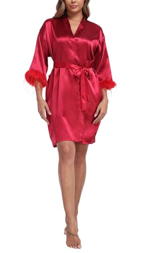 BuyChic Bata kimono de satén corto de manga de plumas para mujer para fiesta nupcial, ropa de dormir ligera, Vino corto, talla única
