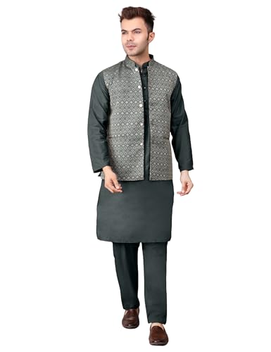 Image of Men's Cotton Silk Blend Regular Kurta Pyjama, Embroidered Nehru Jacket /Waistcoat Set