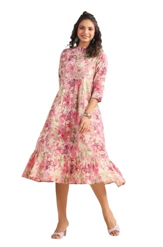 Image of Janasya Women's Cotton Pink Abstract Print Casual Wear Summer Dress for Women