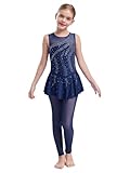 Nyeemya Maillot de Patinaje Artistico Gimnasia Ritmica para Niñas Empalme de malla Mono de Danza Leotardo Jumpsuit Deportivo Body de Disfraz Bailarina Azul marino 15-16 años