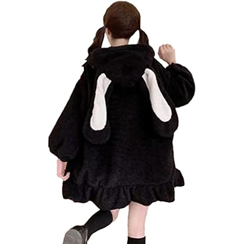 SANBAOBAO Women Kawaii Bunny Hoodie Fuzzy Fluffy Rabbit Ears Long Sleeve Pullover Sweatshirt Zip Up Jacket Coats Girls Black Cover