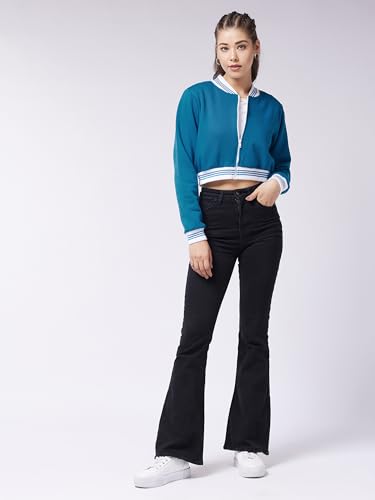Image of Miss Chase Women's Off White V-Neck Full Sleeves Bomber Cropped Jacket