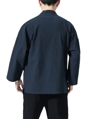 Image of Men's Japanese Kimono Cardigan Loose Cotton Linen 3 /4 Sleeve Open Front Casual Summer Shirt Jackets