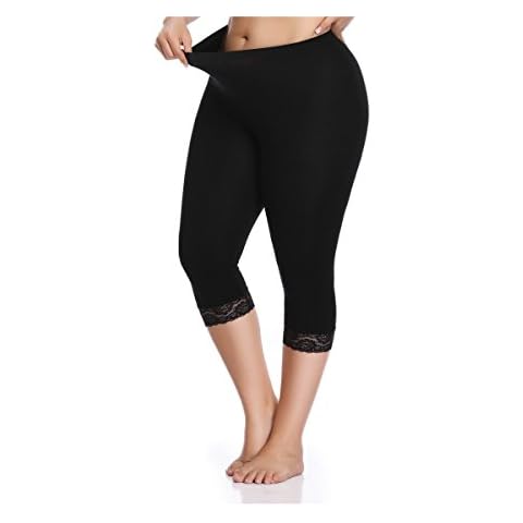 Kotii Women's Plus Size Lace Trim Capri Leggings Stretch Crop Leggings Summer Tights Pants,Black,3X Cover