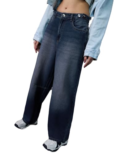 Image of The Souled Store: Barrel-Fit Denim: Women and Girls Washed Cotton Twill Barrel Fit Lightweight Adjustable Rise Everyday Casual Denim Jeans