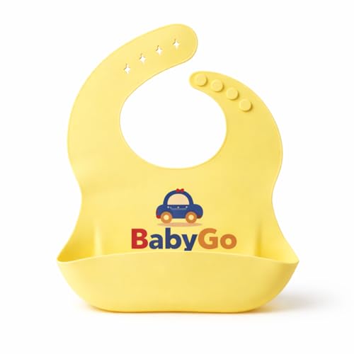 Image of BabyGo Silicone Bib for Feeding & Weaning | Adjustable Neckline with Buttons | BPA Free | Waterproof | Washable & Reusable | 0-24 Months | Soft, Mess Proof Baby Feeding Bib | Yellow | Pack Of 1