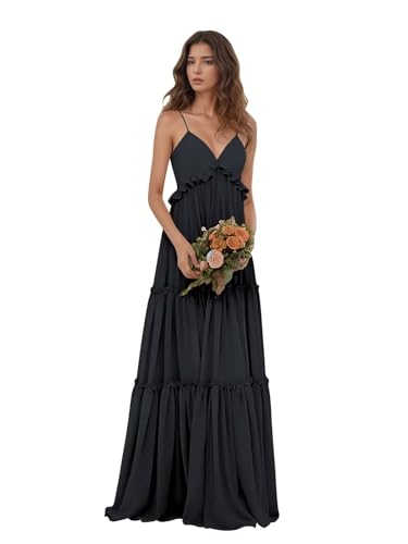 Spaghetti Strap Chiffon Bridesmaid Dresses for Women Tiered Ruffle Wedding Guest Dress V Neck Long Formal Party Gown
