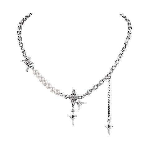 OJERRY Unisex Y2K Grunge Aesthetic Gothic Punk Star Pearl Chain Necklace Cool Jewelry Coolest Gifts for Women Trendy Stuff Cover