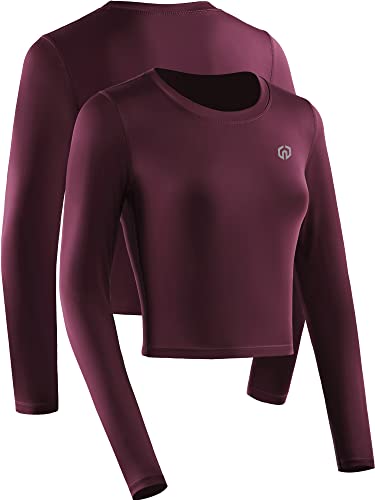 Neleus Women's 3 Pack Running Crop Tops Long Sleeve Workout Athletic Compression Shirts,8094,Black/Grey/Red,Medium #TOP3