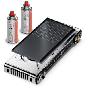Gaskocher 2-flammig mit Piezozündung - mit Grillaufsatz 45cm - Campingkocher für Gaskartuschen MSF-1a 227g - Camping Gaskocher für Campinggaz - Camping Herd mit Grillplatte + 2 Gaskartuschen