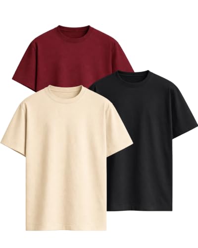Image of VEL Plain Heavy GSM Cotton Oversized T-Shirt Baggy Fit Drop Shoulder Half Sleeves Round Neck Solid Pure 100% Cotton T-Shirt for Men (Pack of 3)
